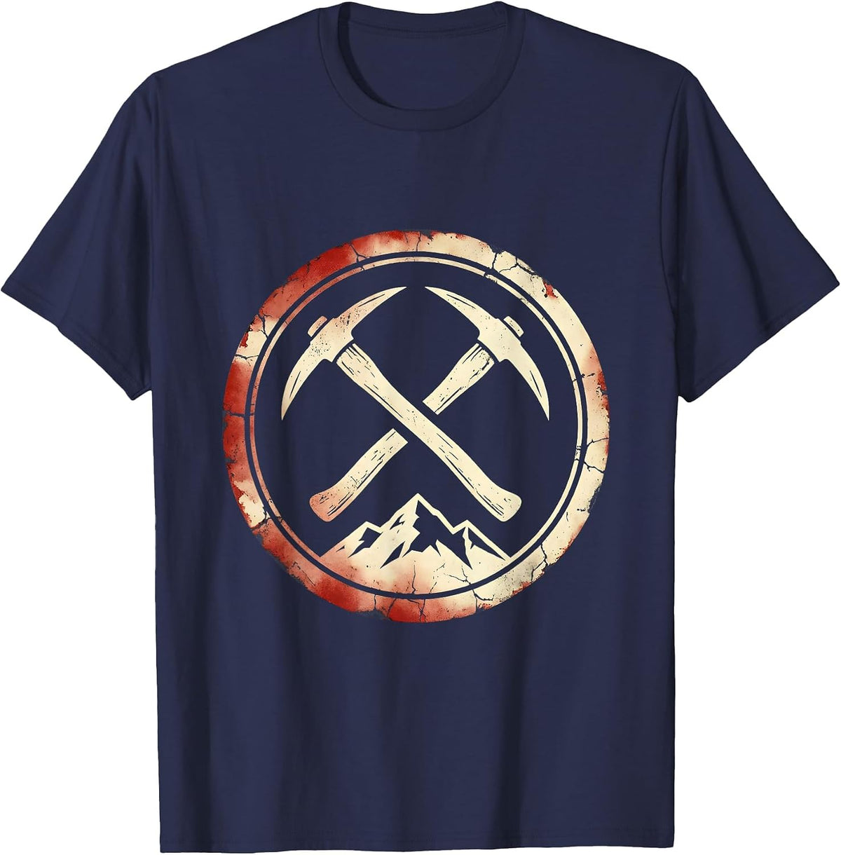 Labor Day Crossed Pickaxes Mountain Landscape T-Shirt - Navy Blue