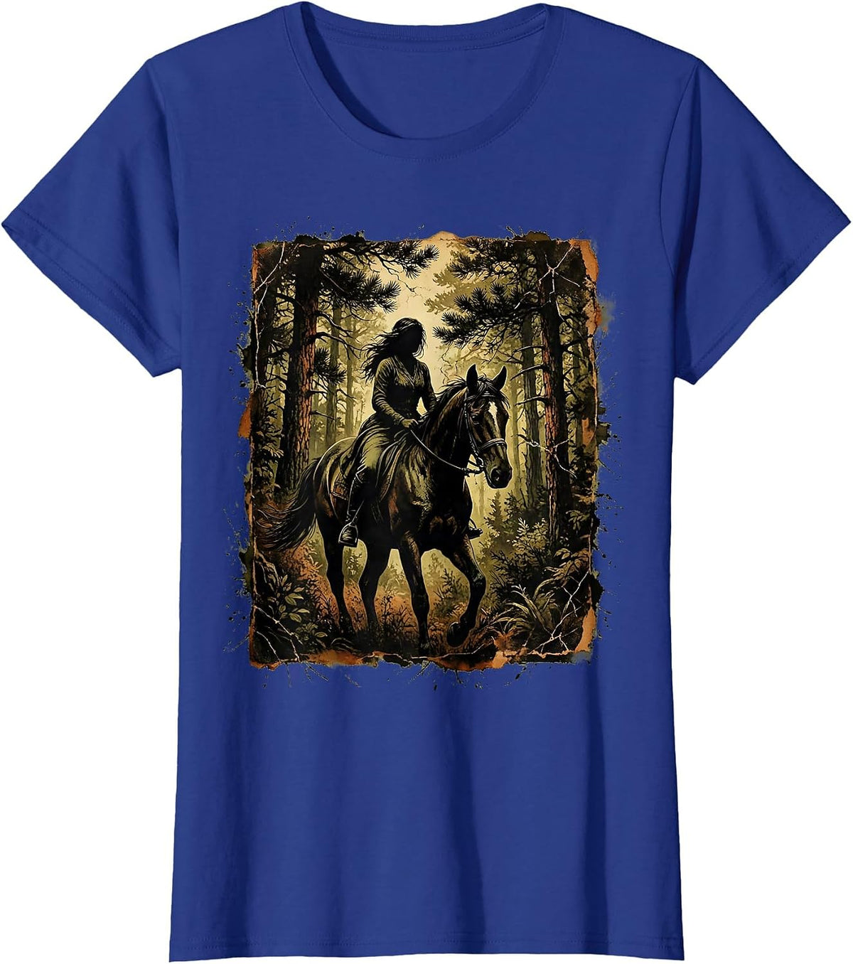 Women's Camo Horseback Rider Woodland Landscape Graphic T-Shirt - Royal Blue