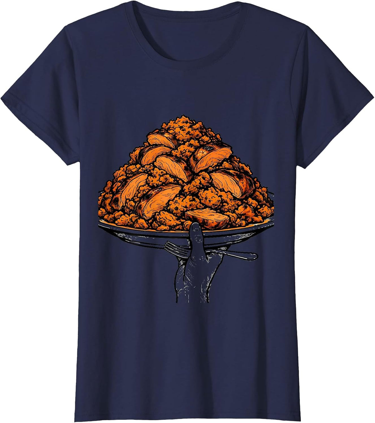 Women's Oversized Turkey Plate Funny Family Thanksgiving Humor T-Shirt - Navy Blue