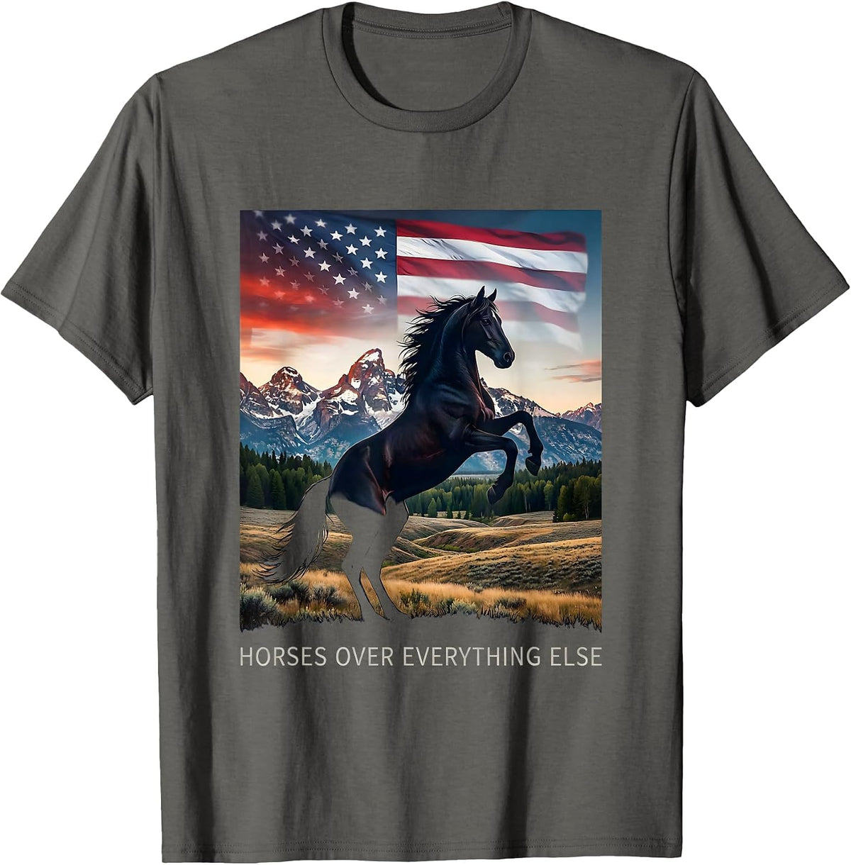 Horses Over Everything Cowgirl Graphic Design T-Shirt - Asphalt Grey
