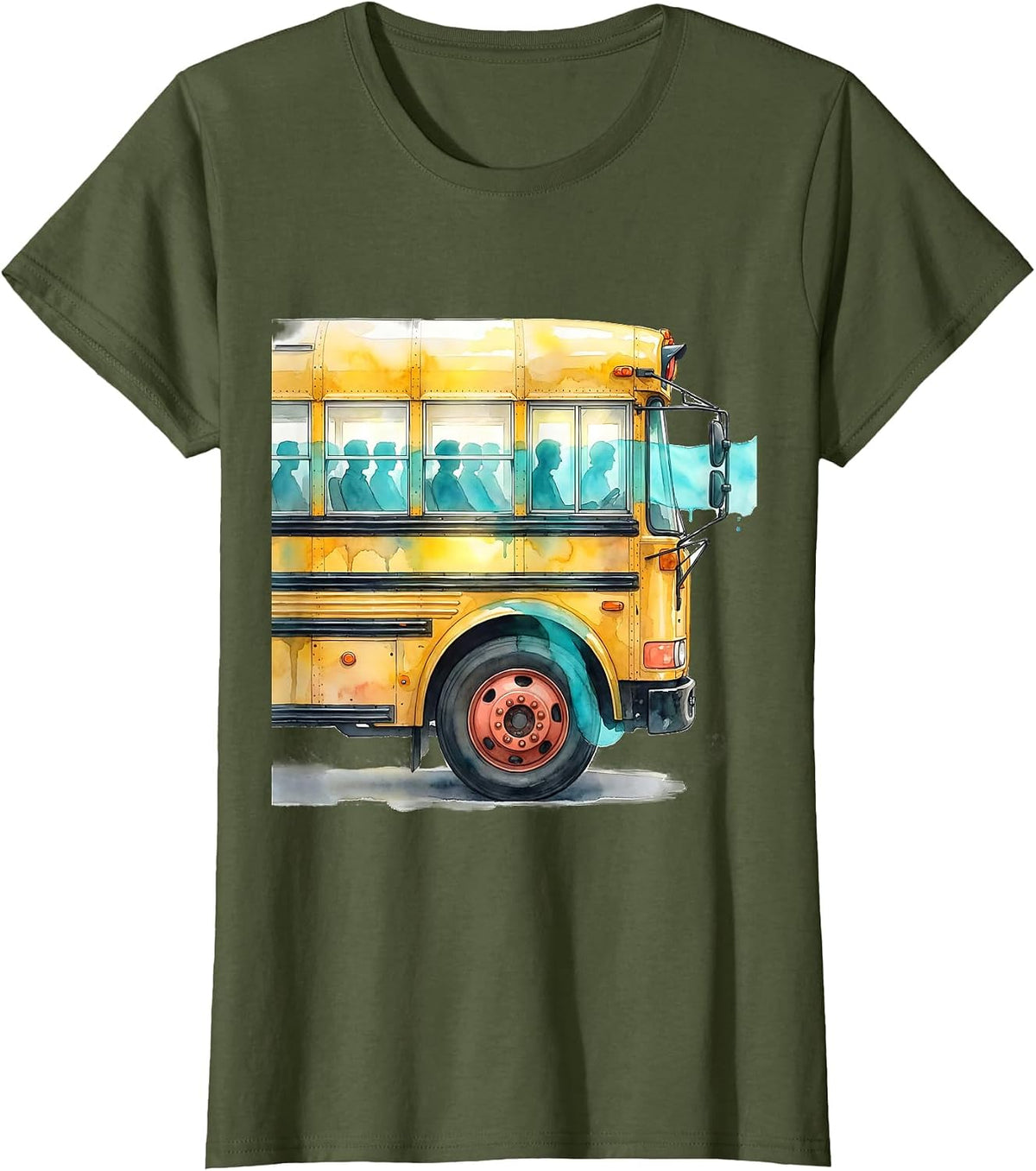 Women's School Bus Watercolor Field Trip Teacher Humor T-Shirt - Olive Green