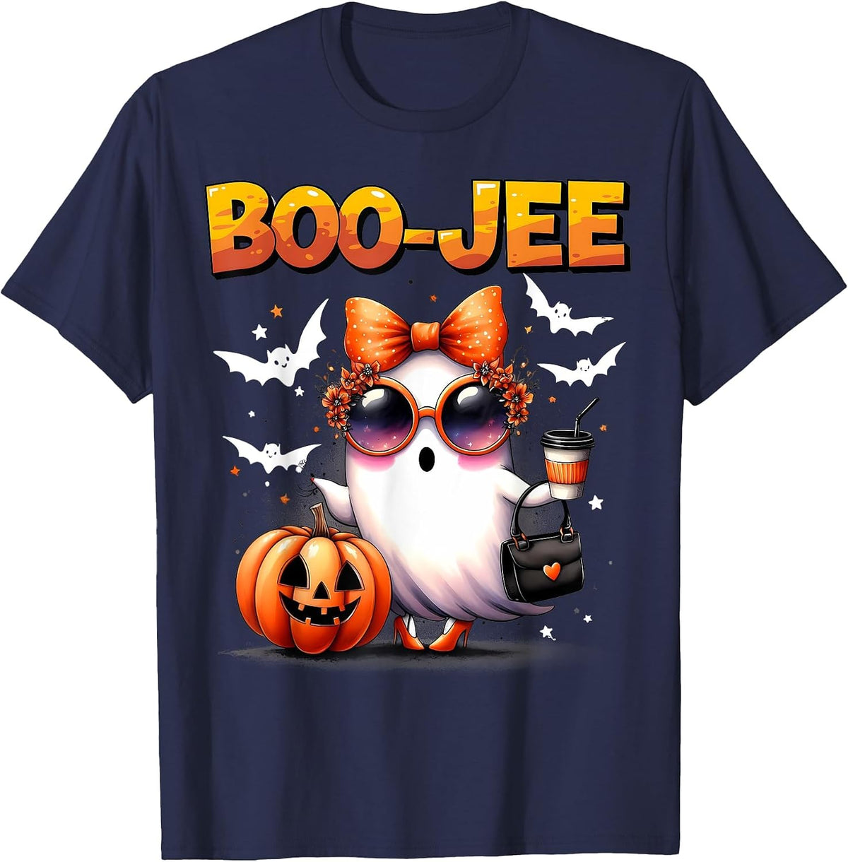 Funny Boo-JEE Ghost Halloween Boo JEE Ghost Spooky Season T-Shirt - Navy Blue