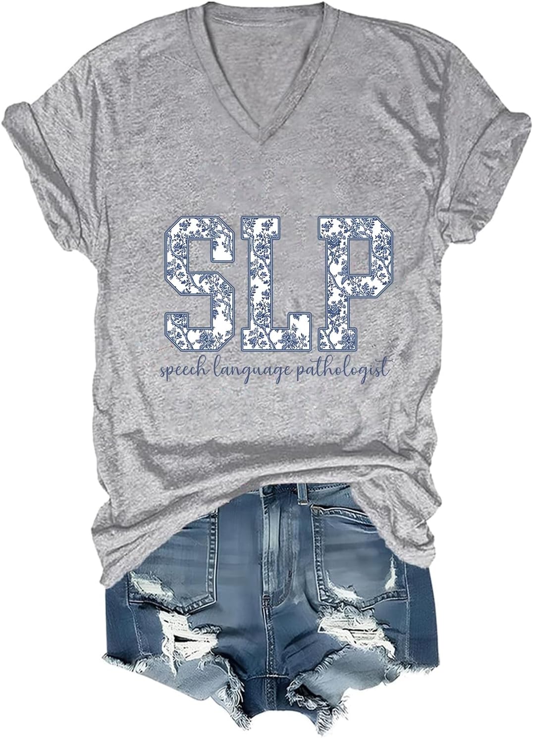 Speech Language Pathologist Shirt SLP V-Neck Shirts Florals Speech Therapist V Tee - Grey