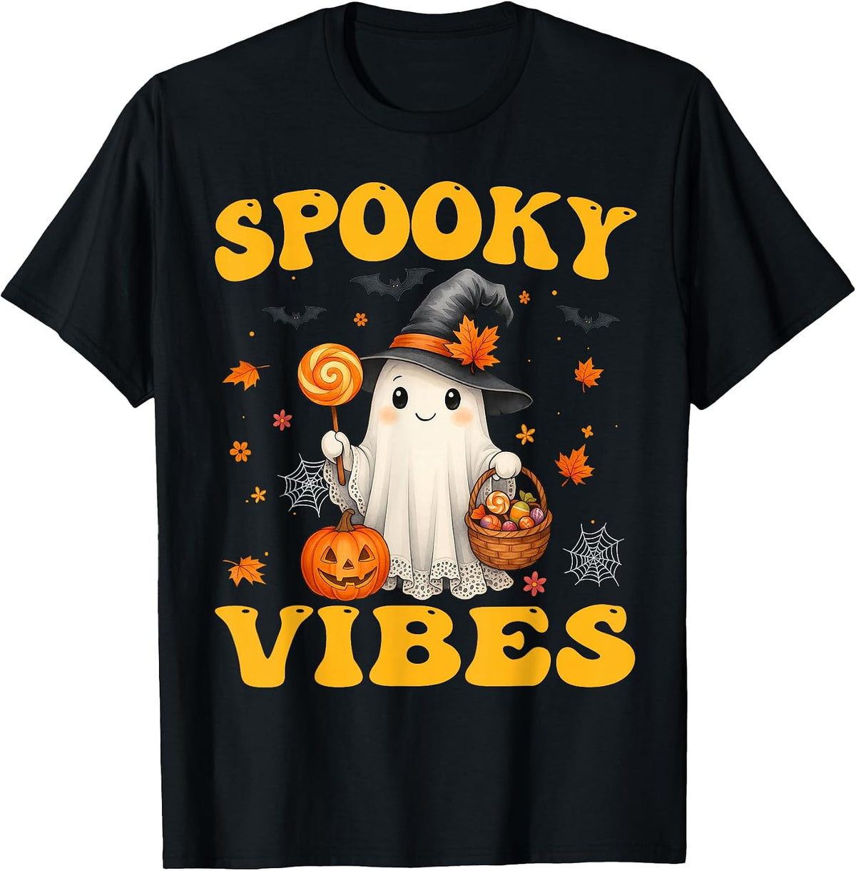Groovy Spooky Vibes Retro Ghost Holding Pumpkin Halloween T-Shirt, Men, Black, Small - As Pictured