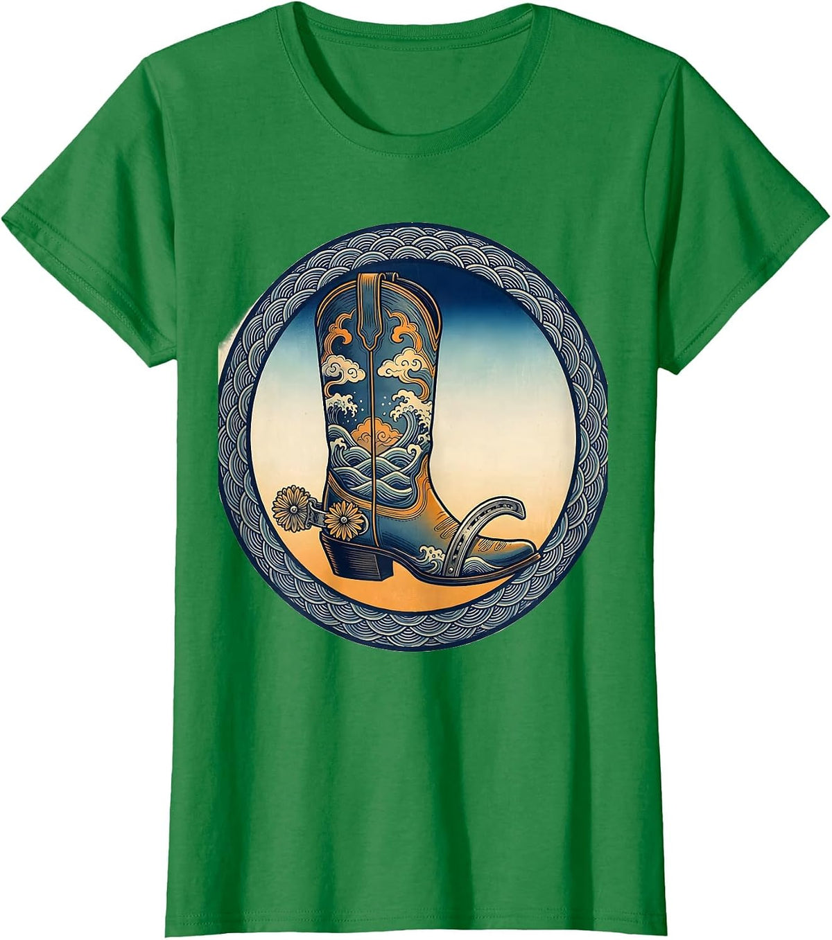 Women's Cowboy Boot Horseshoe and Spurs Western Graphic T-Shirt - Kelly Green