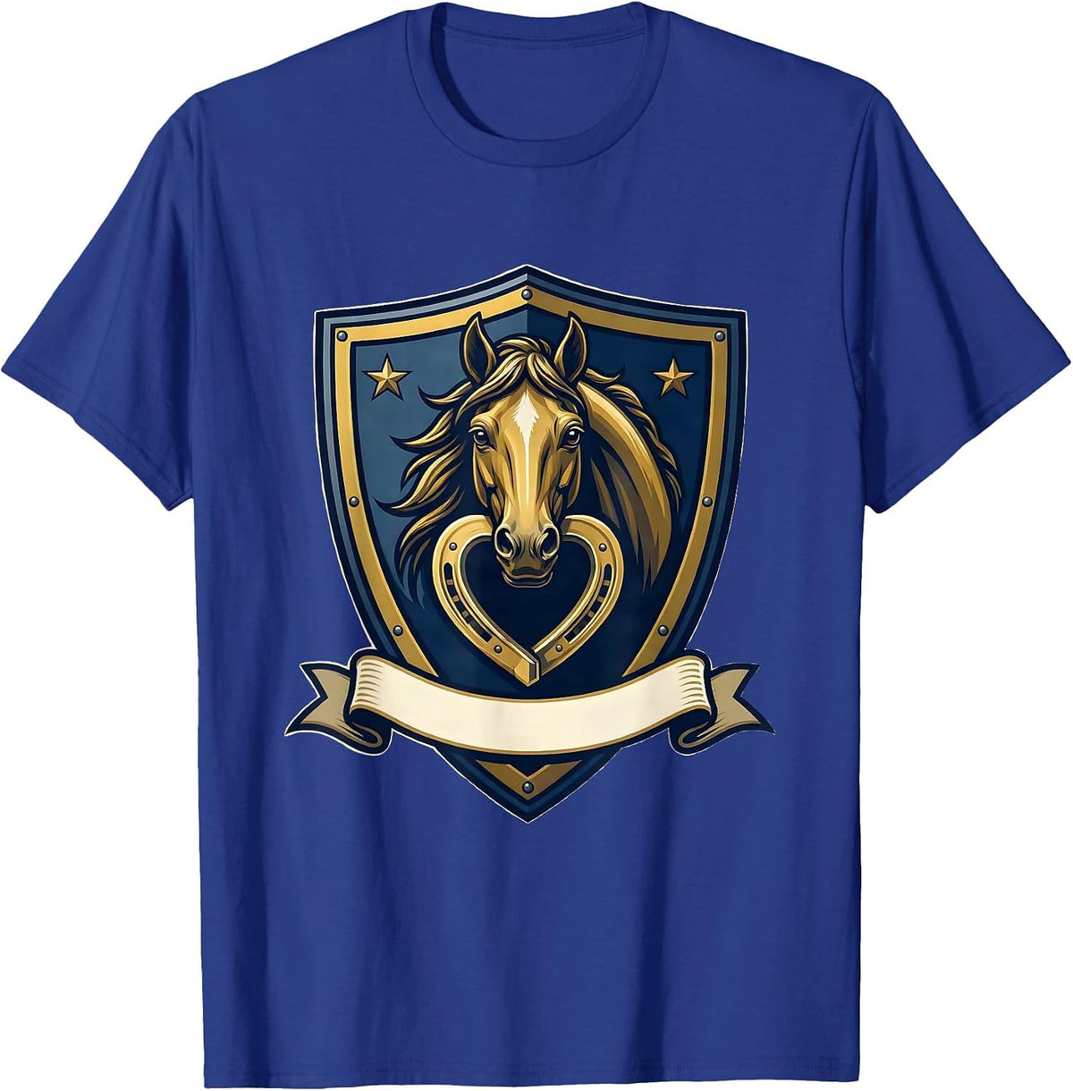Men's Shield Crest Horse Lover Emblem Valentines Day Equestrian T-Shirt - Royal Blue