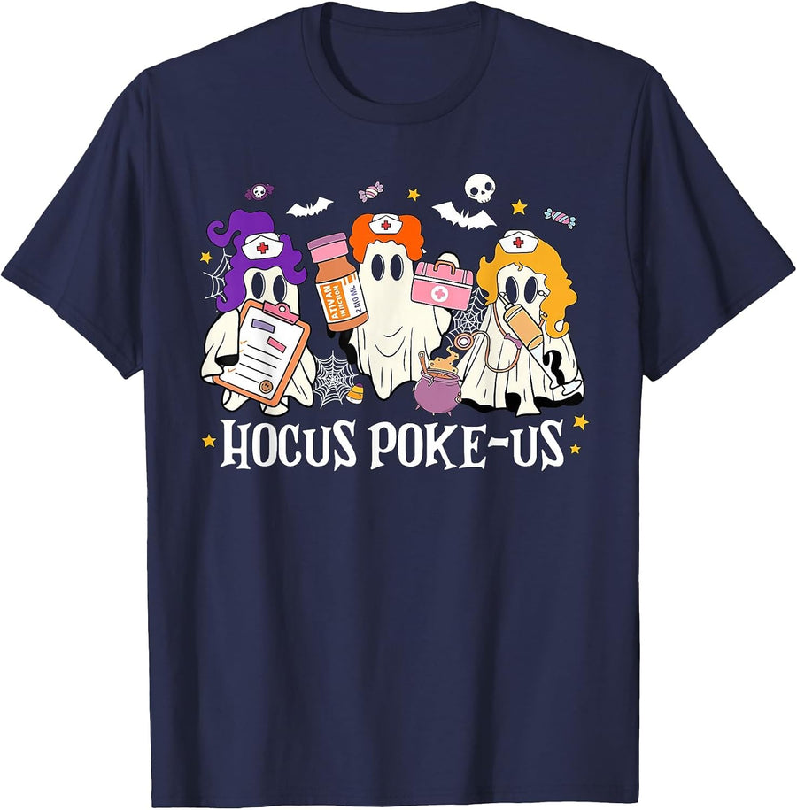 Hocus Poke-us Funny Ghost Nurse Spooky Season Halloween T-Shirt - Navy Blue