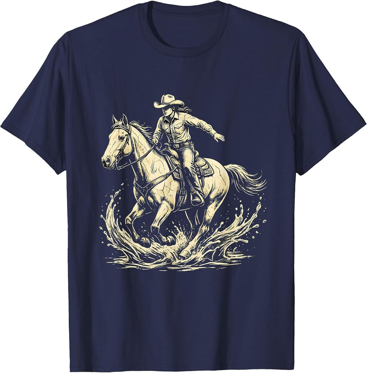 Cowgirl Riding Horse Through River Splash T-Shirt - Navy Blue