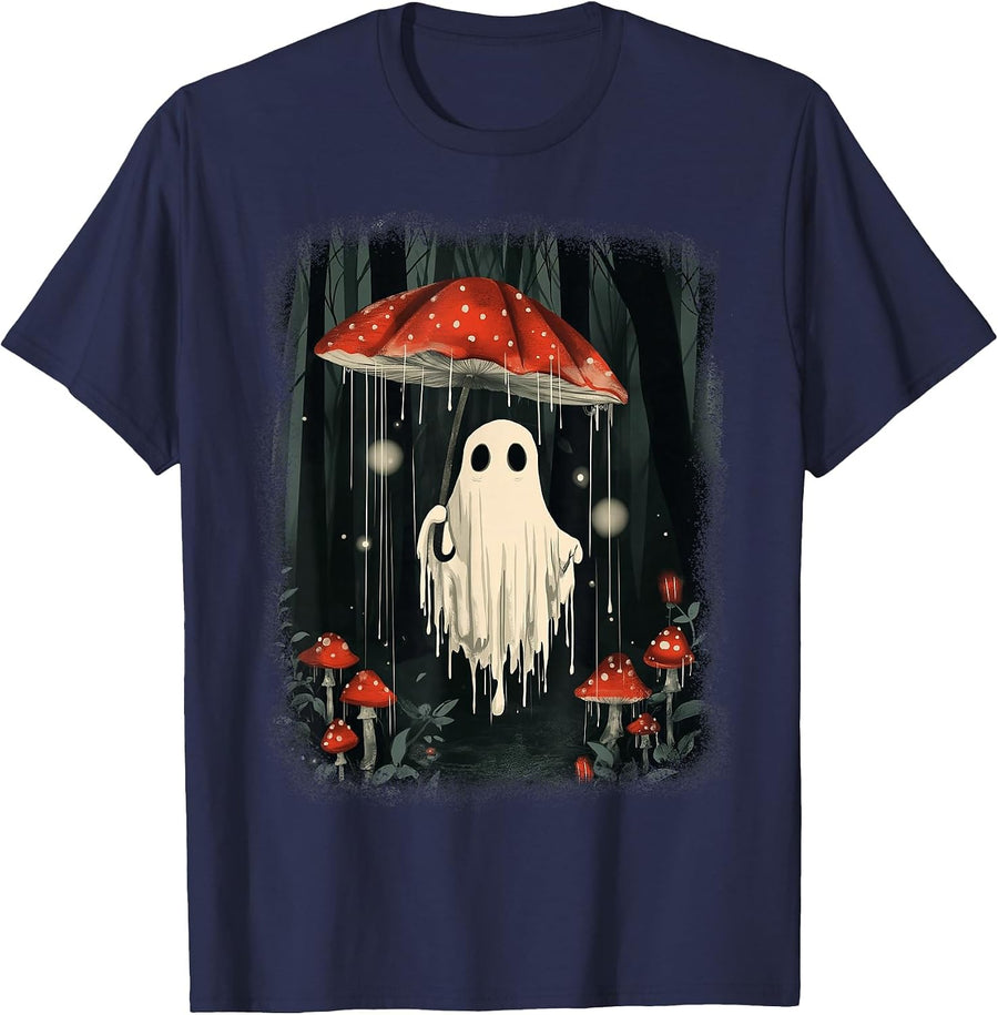 Halloween Ghost Mushroom Spooky Season Cottagecore Men Women T-Shirt - Navy Blue