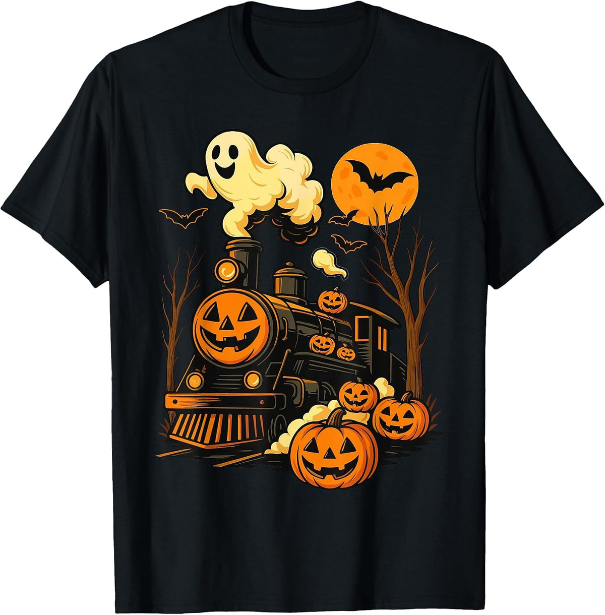 Vintage Halloween Train Pumpkin Railroad Trains Lover T-Shirt - Black
