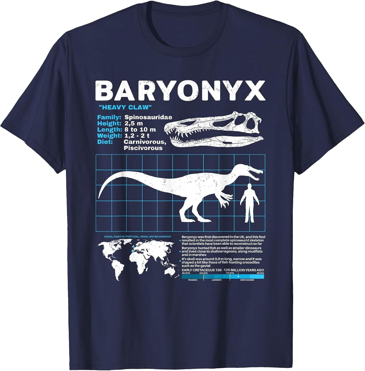 Baryonyx fact Sheet Dinosaur Facts T-Shirt - Navy Blue
