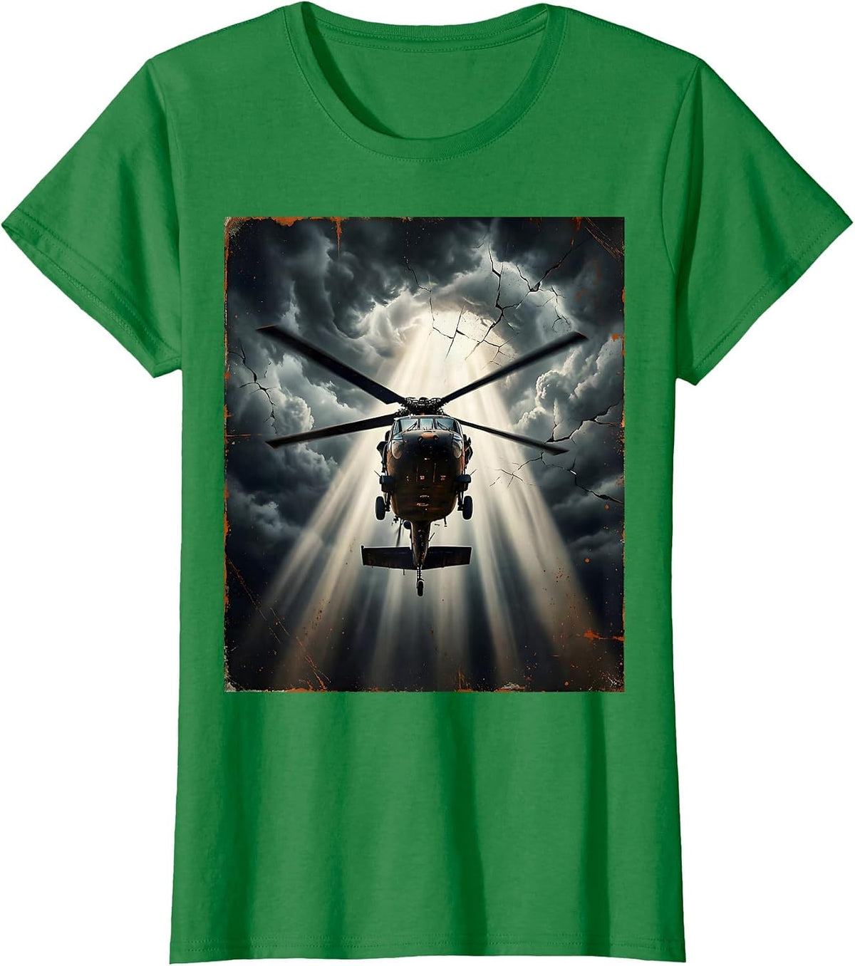 Women's Helicopter Spotlight Through Dark Stormy Clouds T-Shirt - Kelly Green