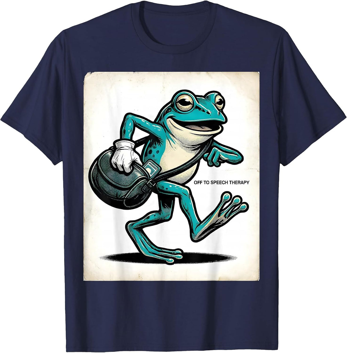 Off To Speech Therapy Retro Cartoon Frog Teacher Back T-Shirt - Navy Blue