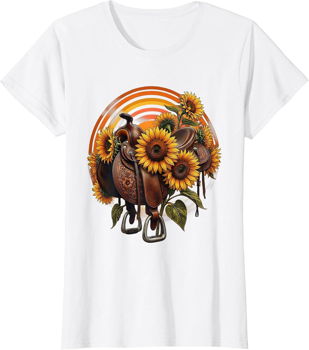 Western Saddle Sunflower Floral Illustration T-Shirt - White