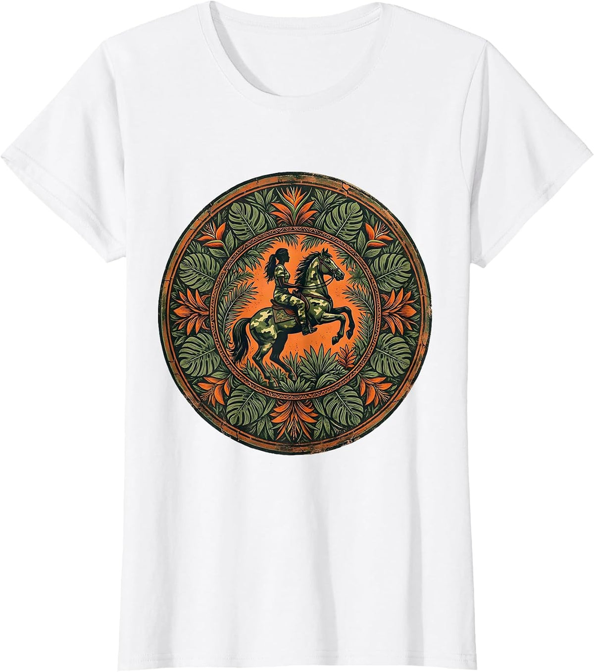 Women's Camo Woman Riding Horse Through Jungle T-Shirt - White