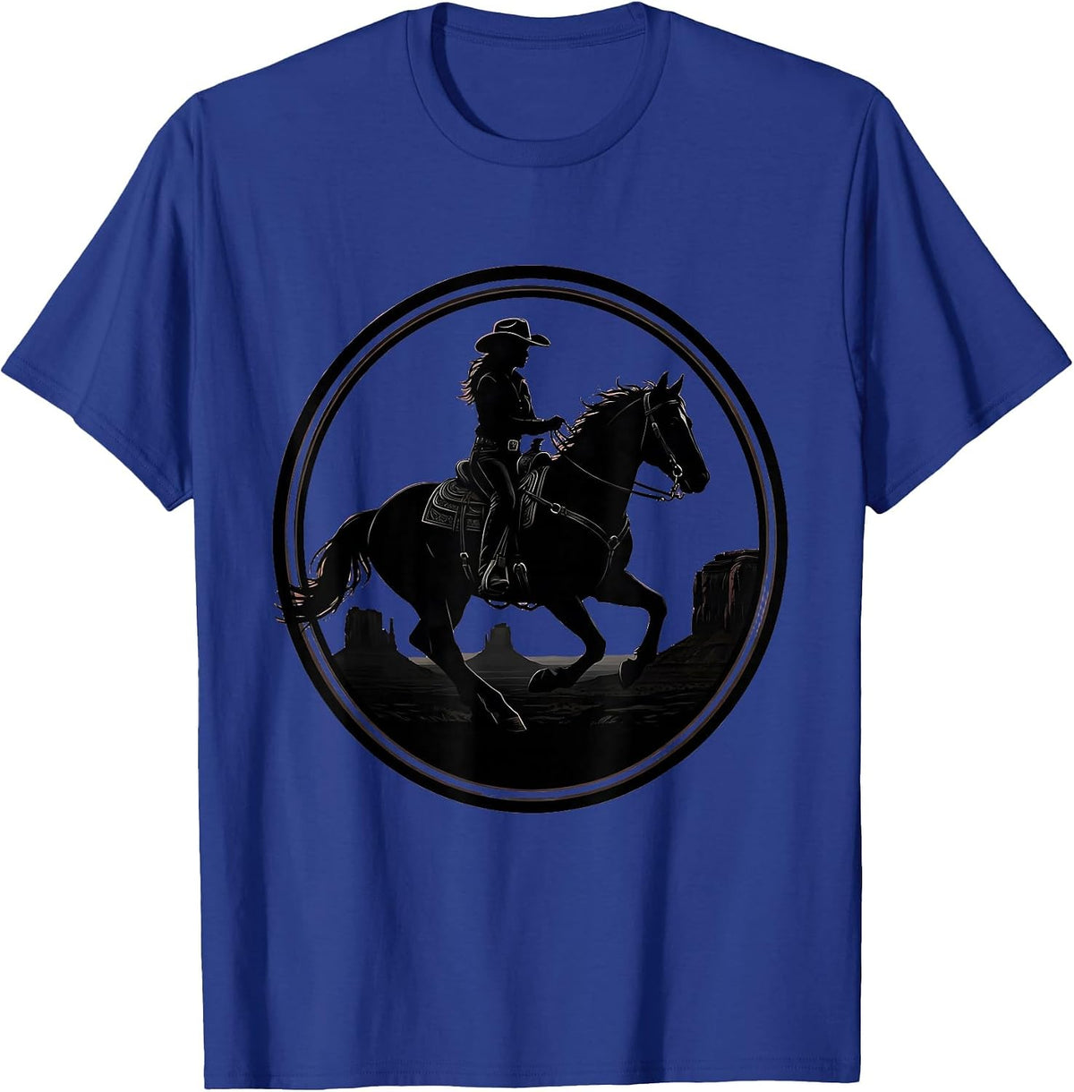 Western Cowgirl Horseback Rider Wide Brim Hat T-Shirt - Royal Blue