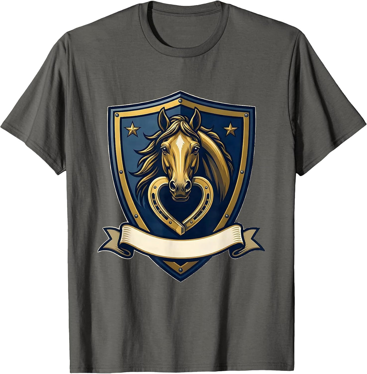 Men's Shield Crest Horse Lover Emblem Valentines Day Equestrian T-Shirt - Asphalt Grey