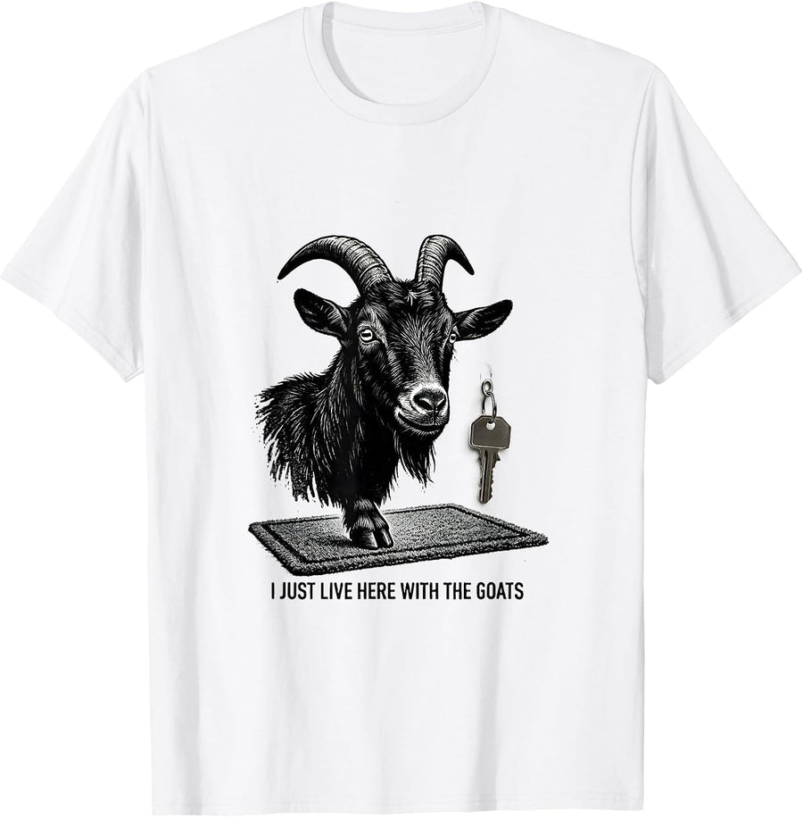 Men's I Just Live Here With The Goats Funny Goat Lover Farmer Gift T-Shirt - White