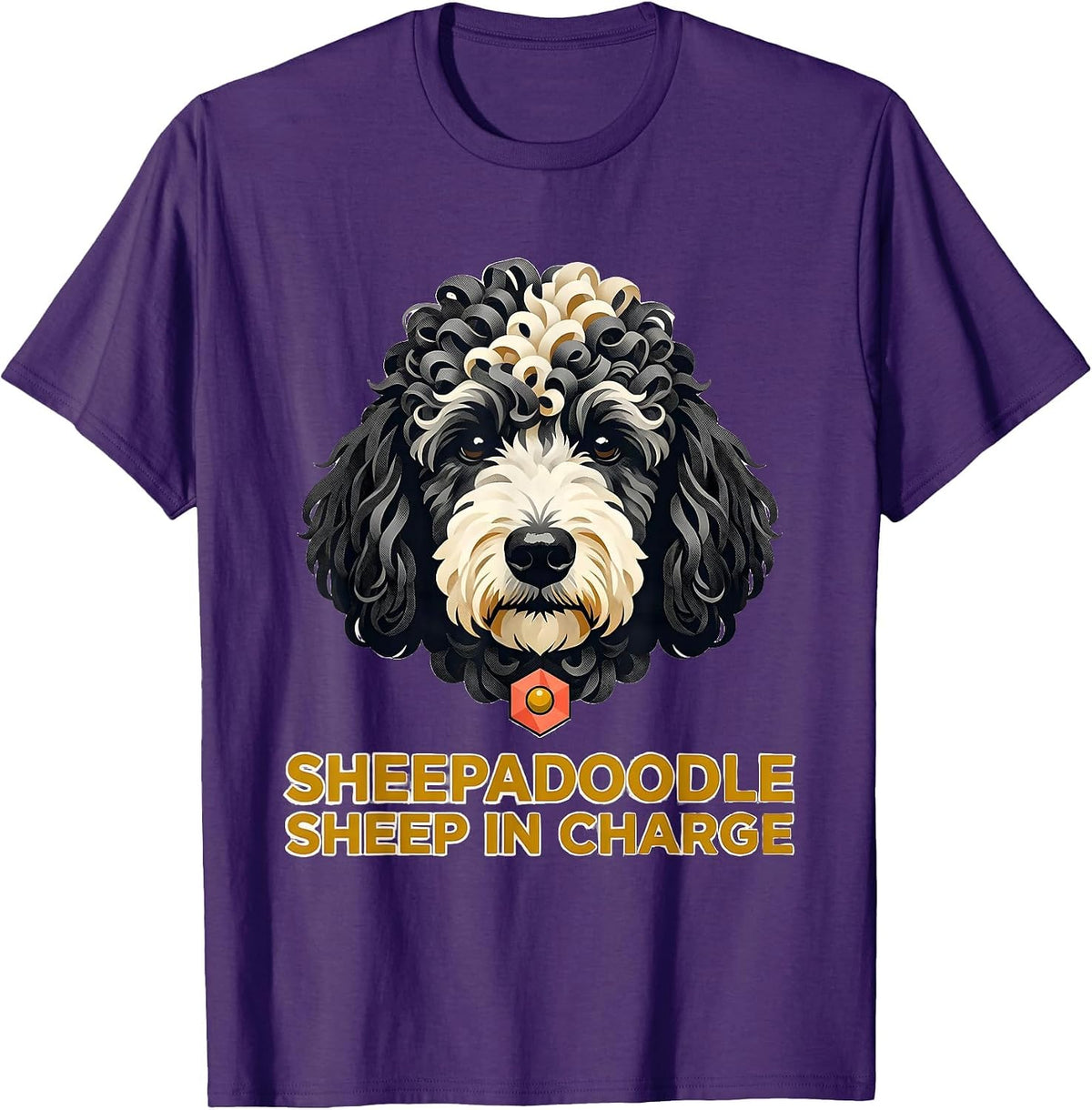 Sheepadoodle Sheep in Charge Midcentury Modern Doodle Dog T-Shirt - Purple