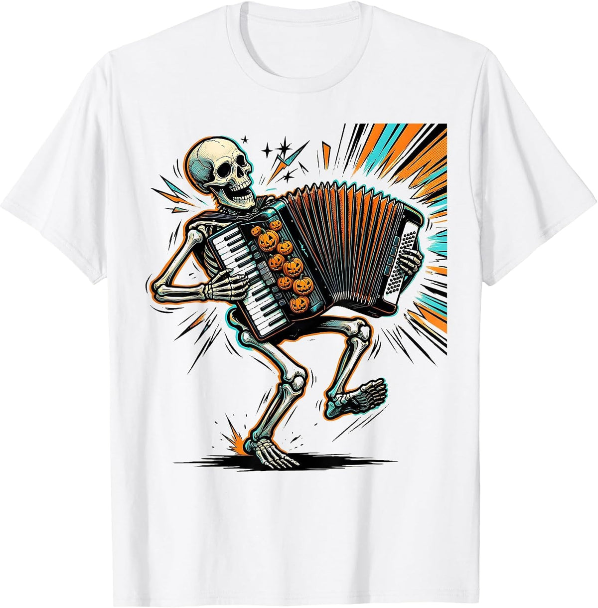 Men's Skeleton Accordionist Comic Book Halloween Musician Costume T-Shirt - White