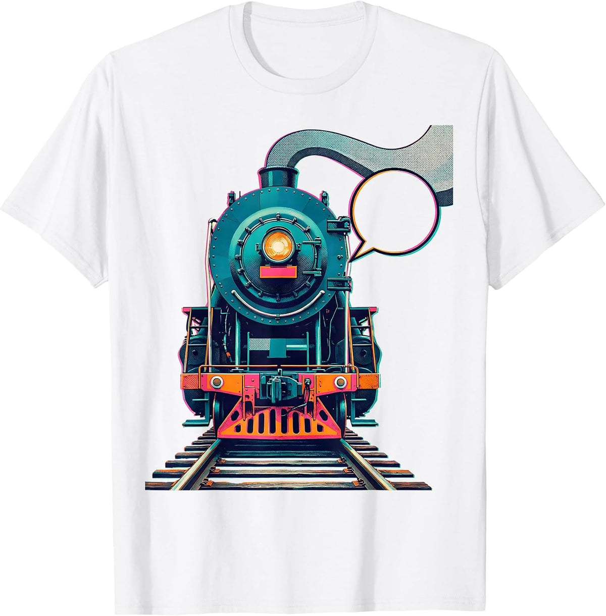Men's Locomotive Face Risograph Train Enthusiast Humor T-Shirt - White