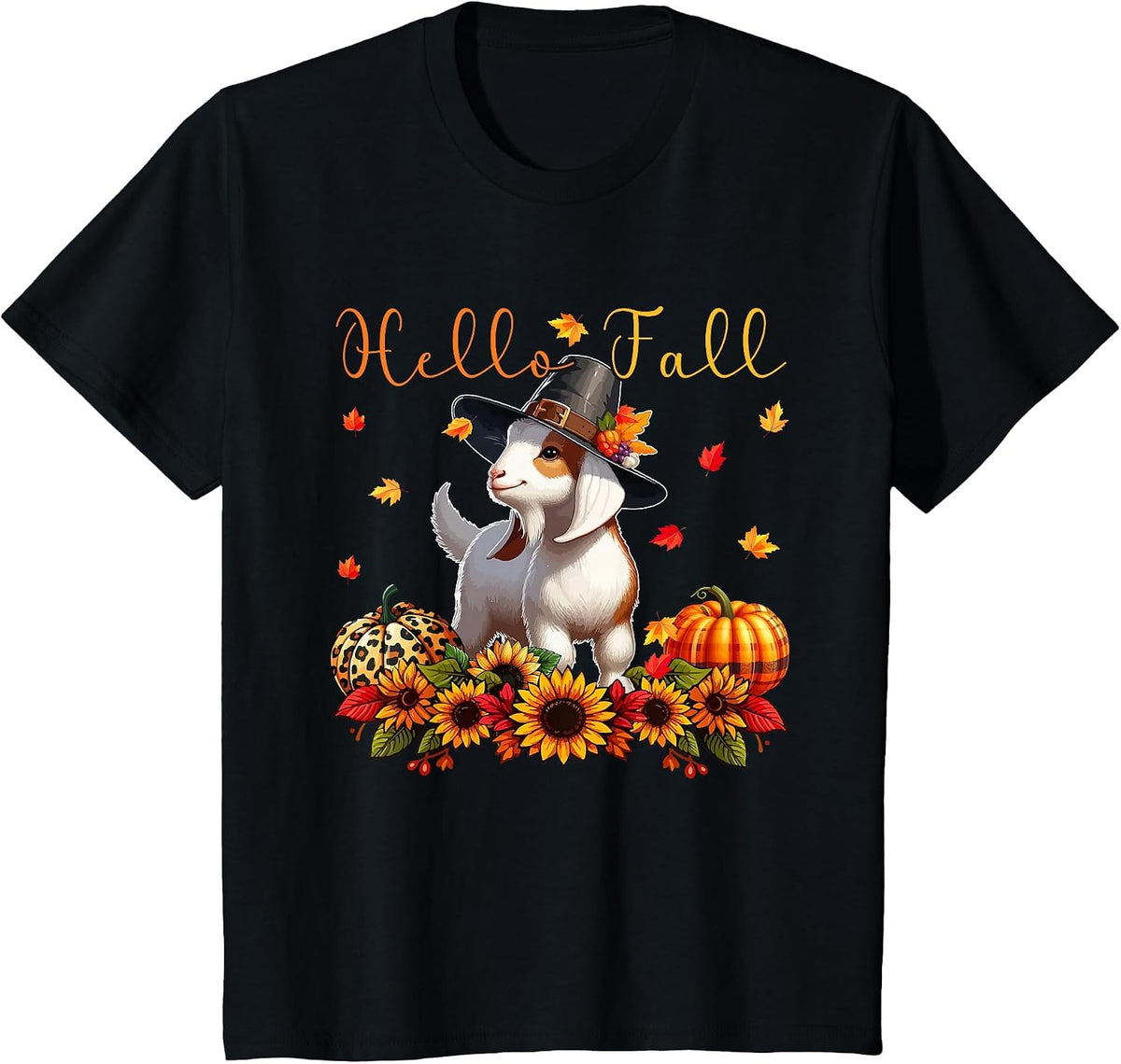 Fall Thanksgiving Goat Costume Autumn Leopard Pumpkins T-Shirt - Black