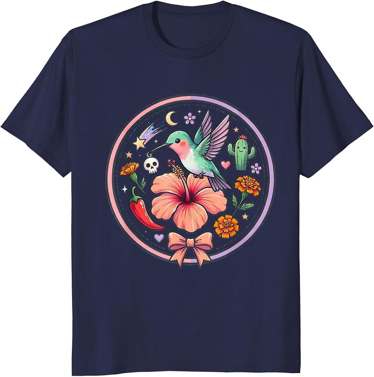 Mexican Hummingbird Hibiscus Floral Graphic Design T-Shirt - Navy Blue