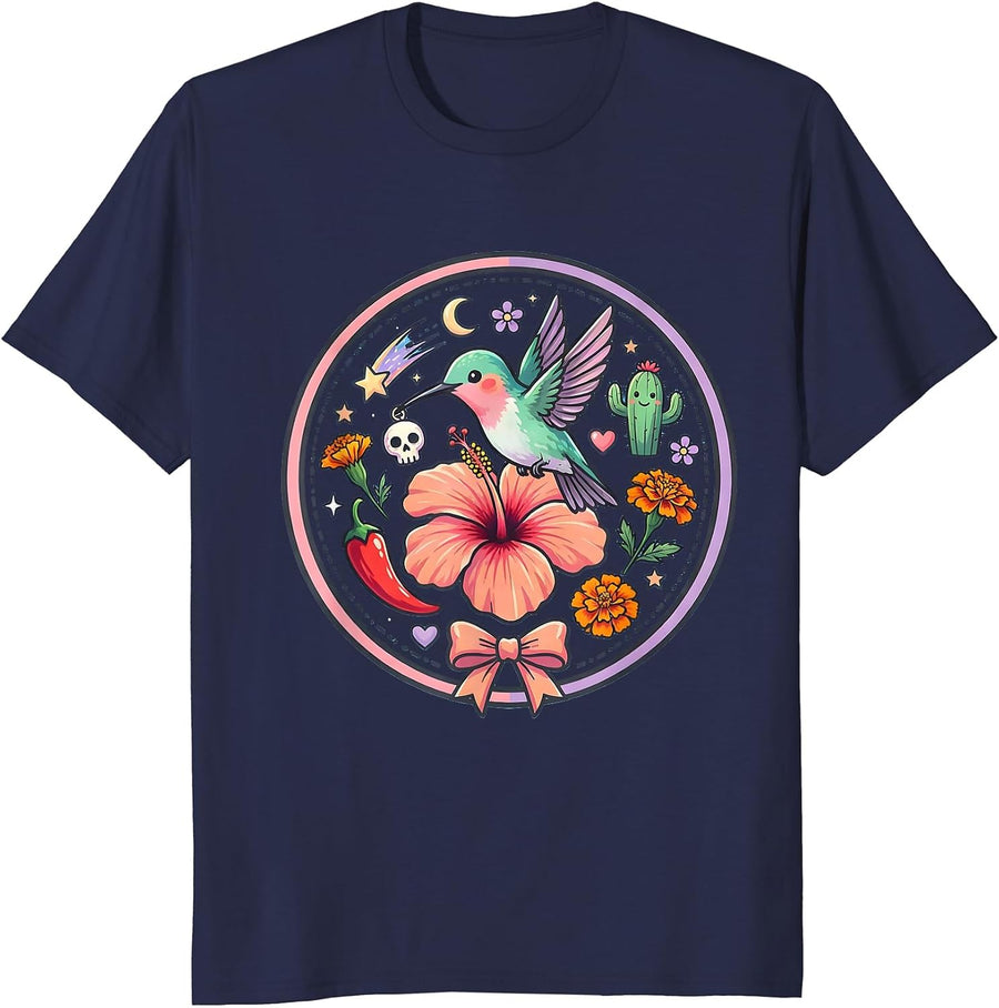 Mexican Hummingbird Hibiscus Floral Graphic Design T-Shirt - Navy Blue