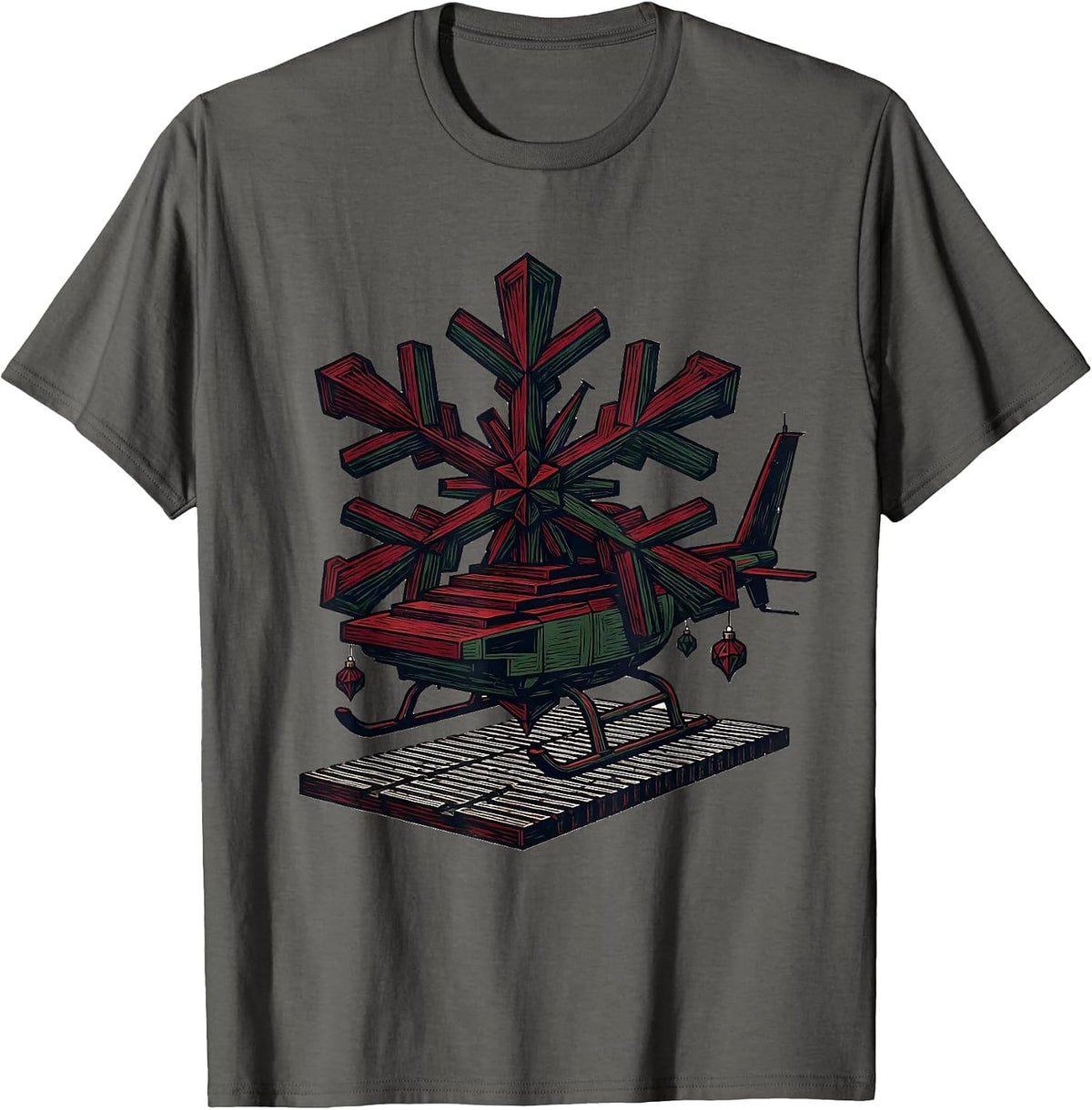 Helicopter Snowflake Linocut Christmas Pilot Aviation Humor T-Shirt - Asphalt Grey