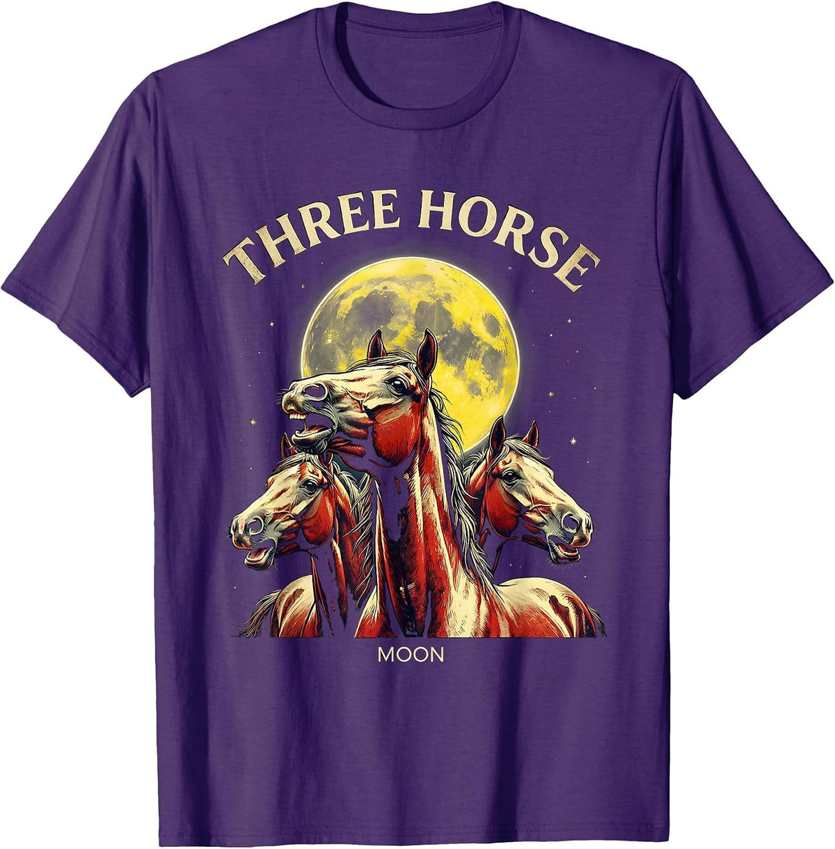 Three Horse Moon Pulp Cover Equestrian Meme Parody T-Shirt - Purple