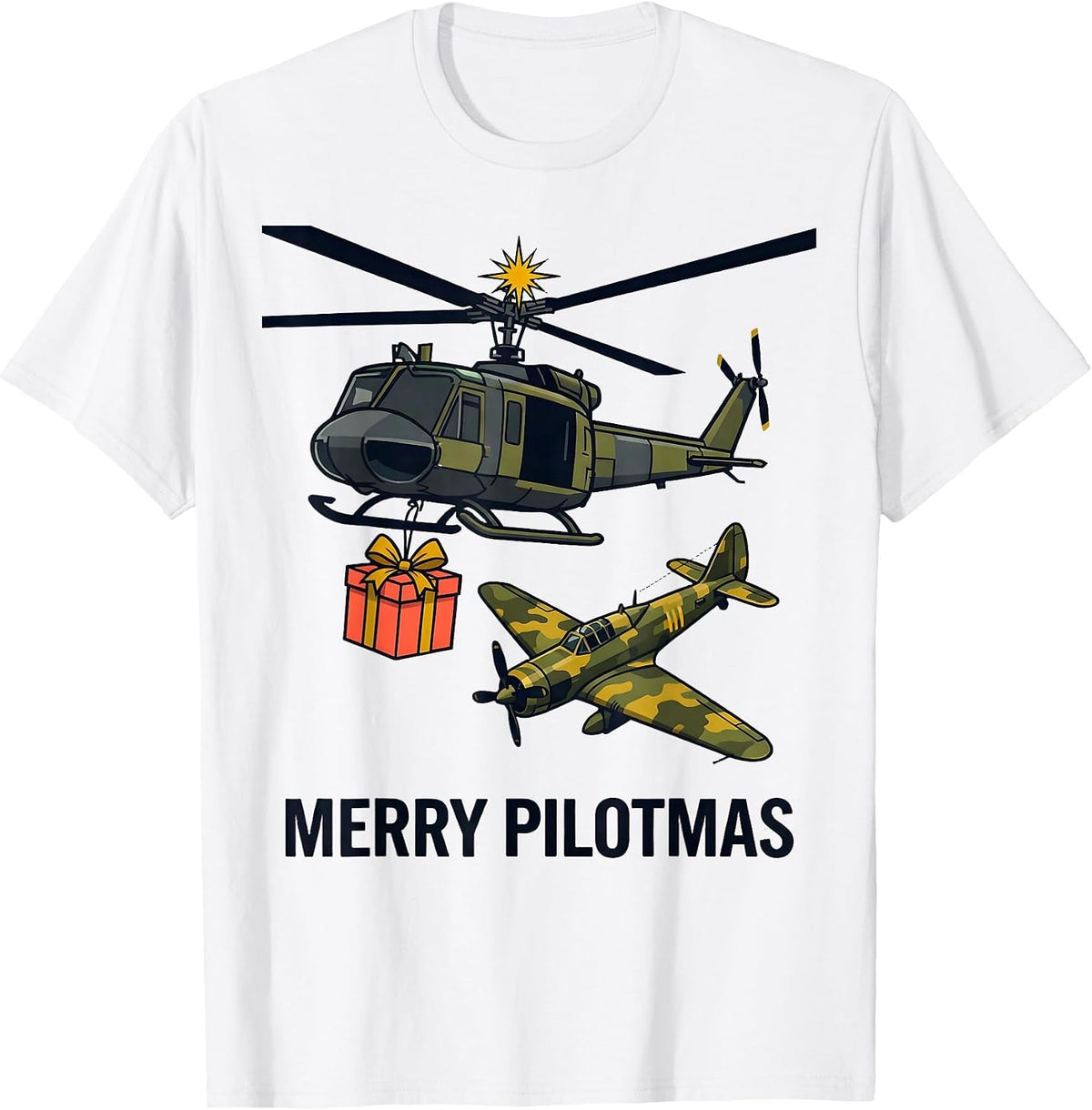 Men's Merry Pilotmas Midcentury Modern Military Helicopter T-Shirt - White
