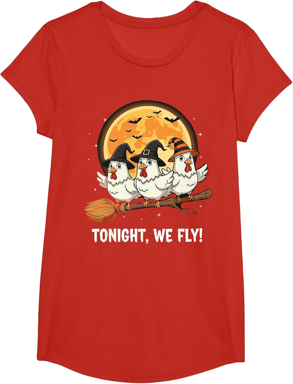 Funny Halloween Chicken Witches Broomstick Spooky Hens Moon T-Shirt - Girls Red