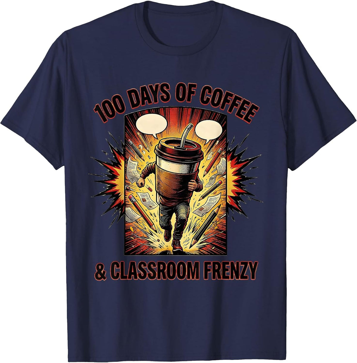 Men's 100 Days Of Coffee & Classroom Frenzy Comic Book Teacher T-Shirt - Navy Blue