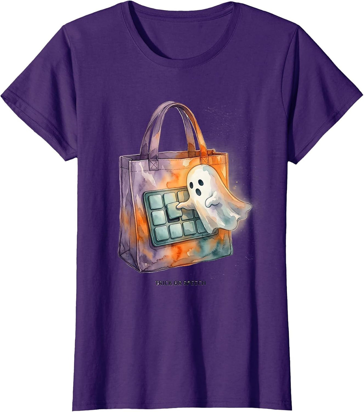 Women's Trick or Speech Watercolor Halloween Speech Therapy SLP T-Shirt - Purple