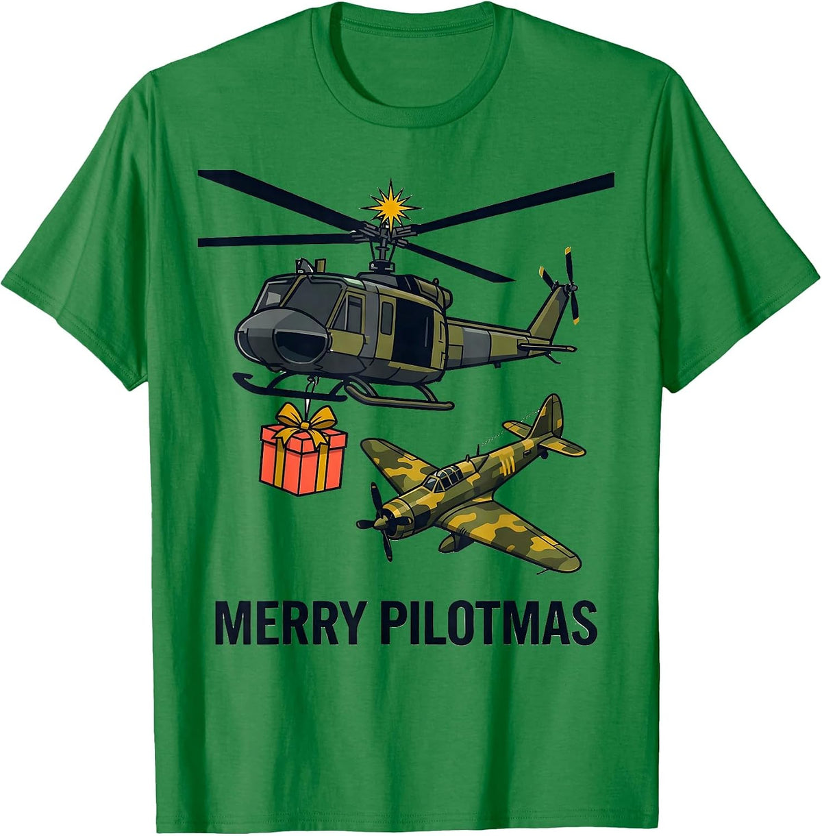 Men's Merry Pilotmas Midcentury Modern Military Helicopter T-Shirt - Kelly Green