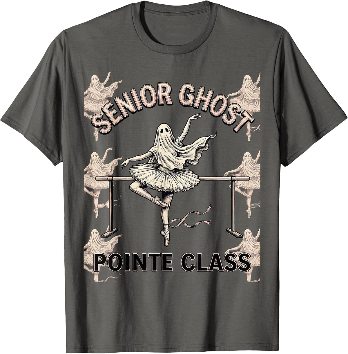 Men's Senior Ghost Pointe Class Whimsical Halloween Ballet Teacher T-Shirt - Asphalt Grey