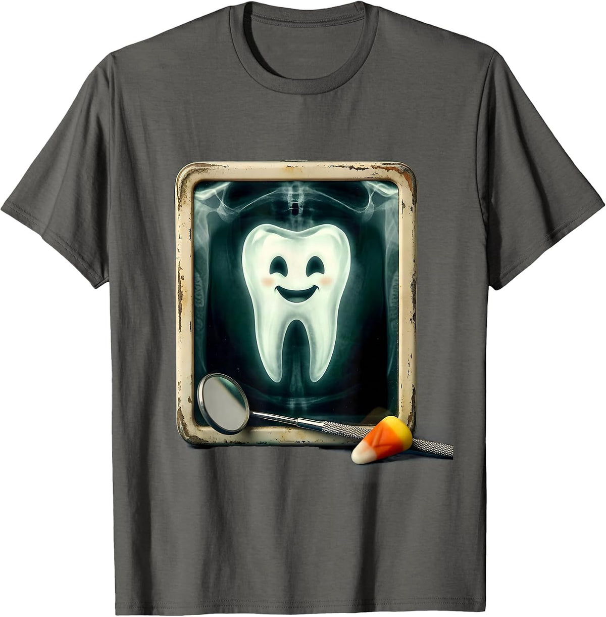 Men's Vintage Ghost Tooth Halloween Dental Staff Costume T-Shirt - Asphalt Grey