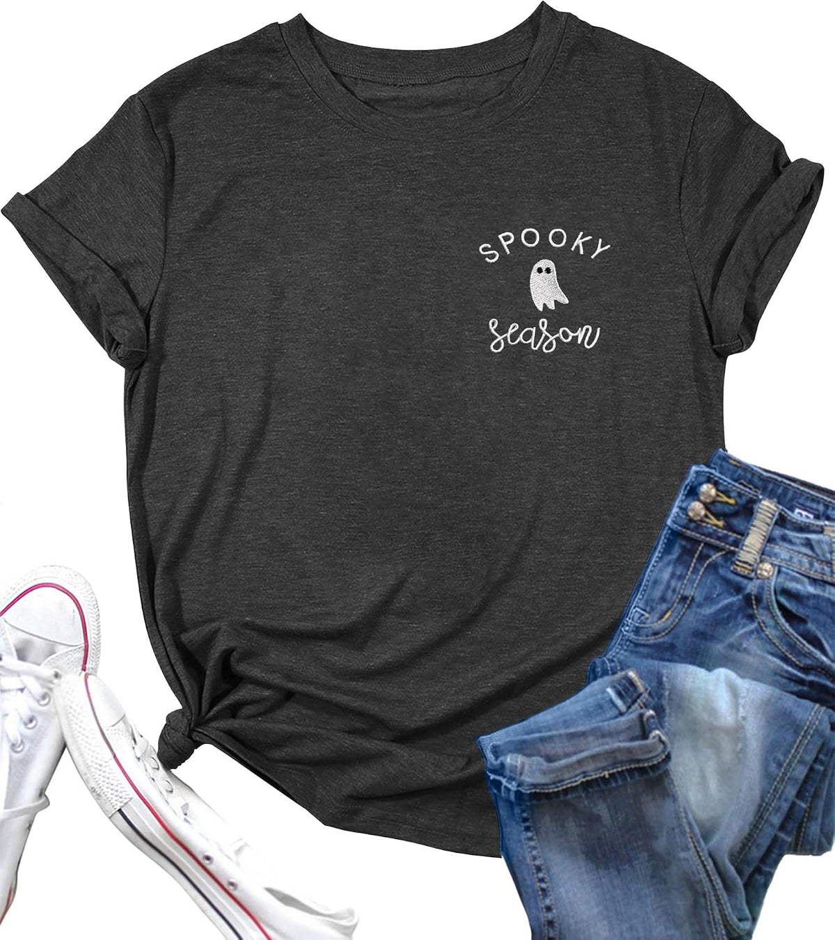 Halloween Shirts for Women Spooky Season Embroidered Ghost Tshirt - Dark Grey