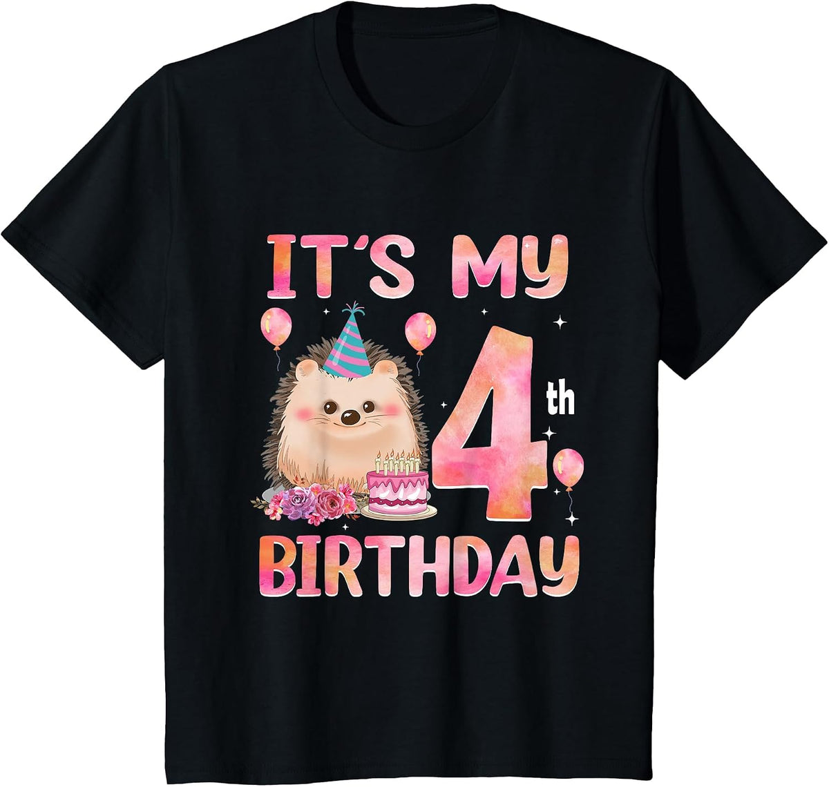 It’s My 4th Birthday Hedgehog Animal 4 Years Old Boy Girl T-Shirt - Black