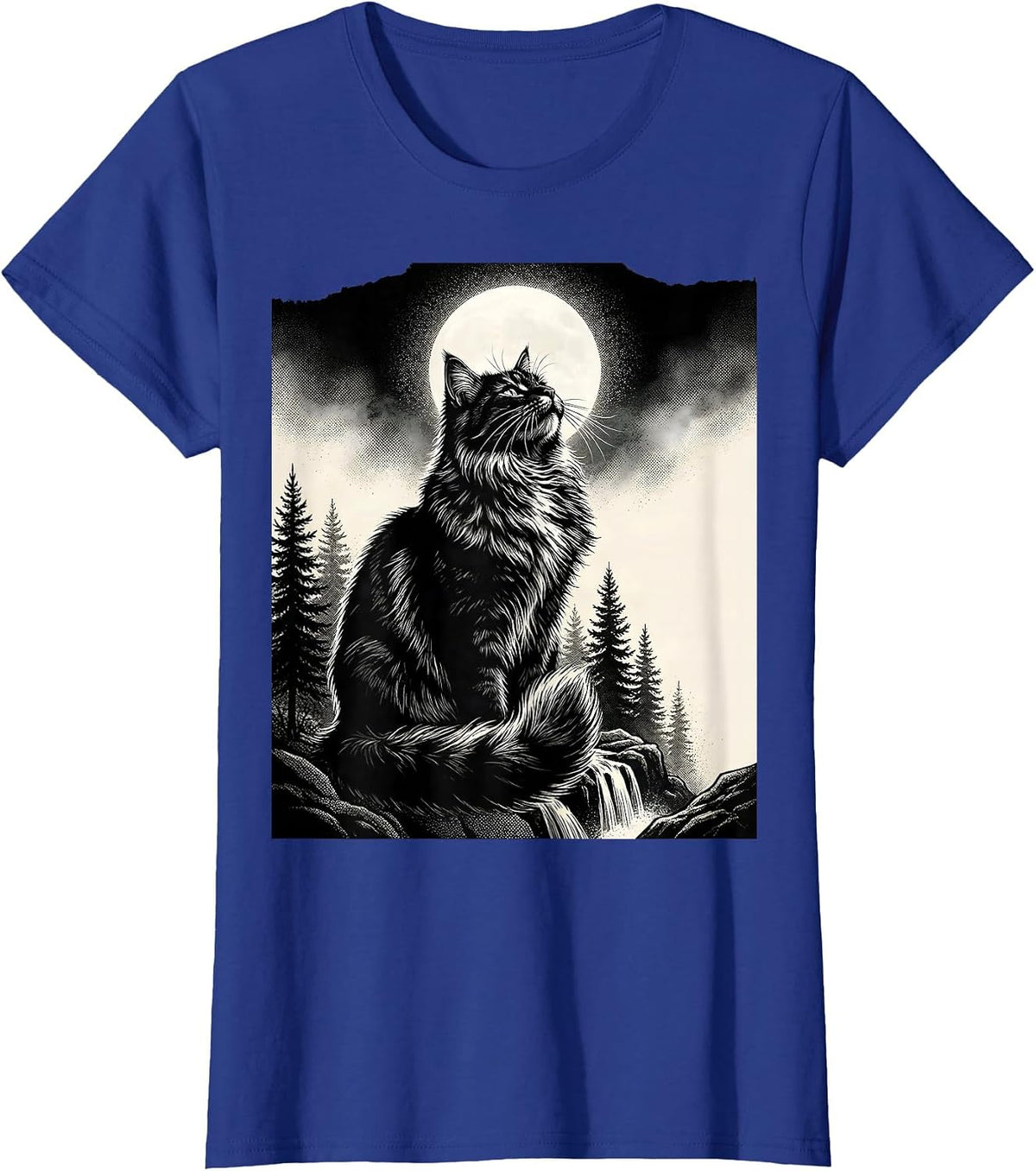 Women's Norwegian Forest Cat Howling at Moon Retro Fantasy T-Shirt - Royal Blue