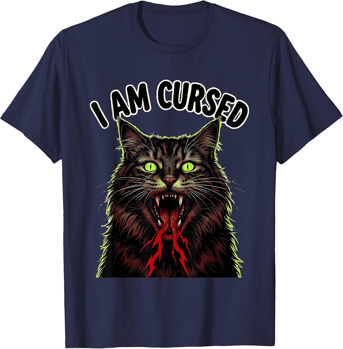 Men's I Am Cursed Horror Funny Cat Meme Bootleg Brainrot T-Shirt - Navy Blue
