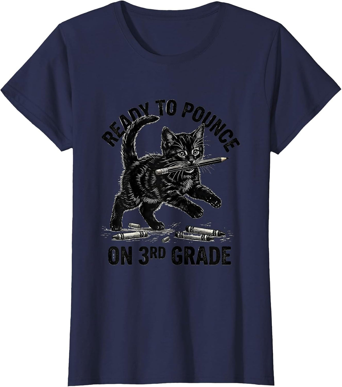 Women's Ready To Pounce On 3rd Grade Cute Cat Kitten Back To School T-Shirt - Navy Blue