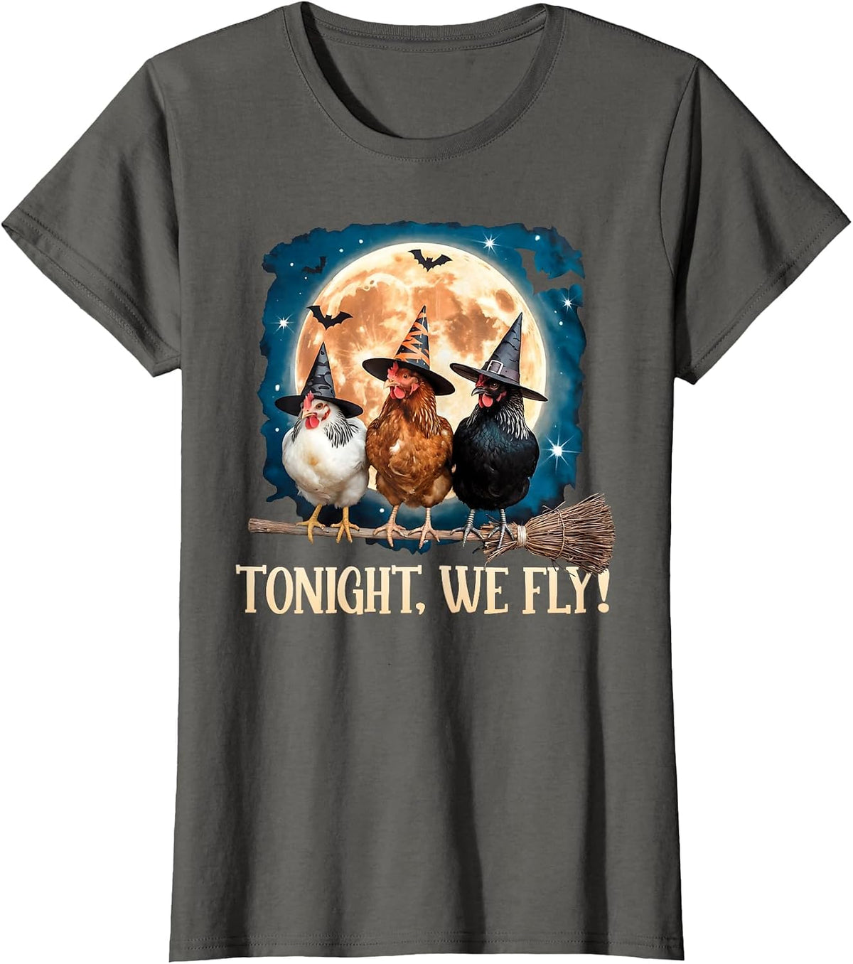 Tonight We Fly Moon Bat Funny Spooky Chicken Witch Halloween T-Shirt - Asphalt Grey