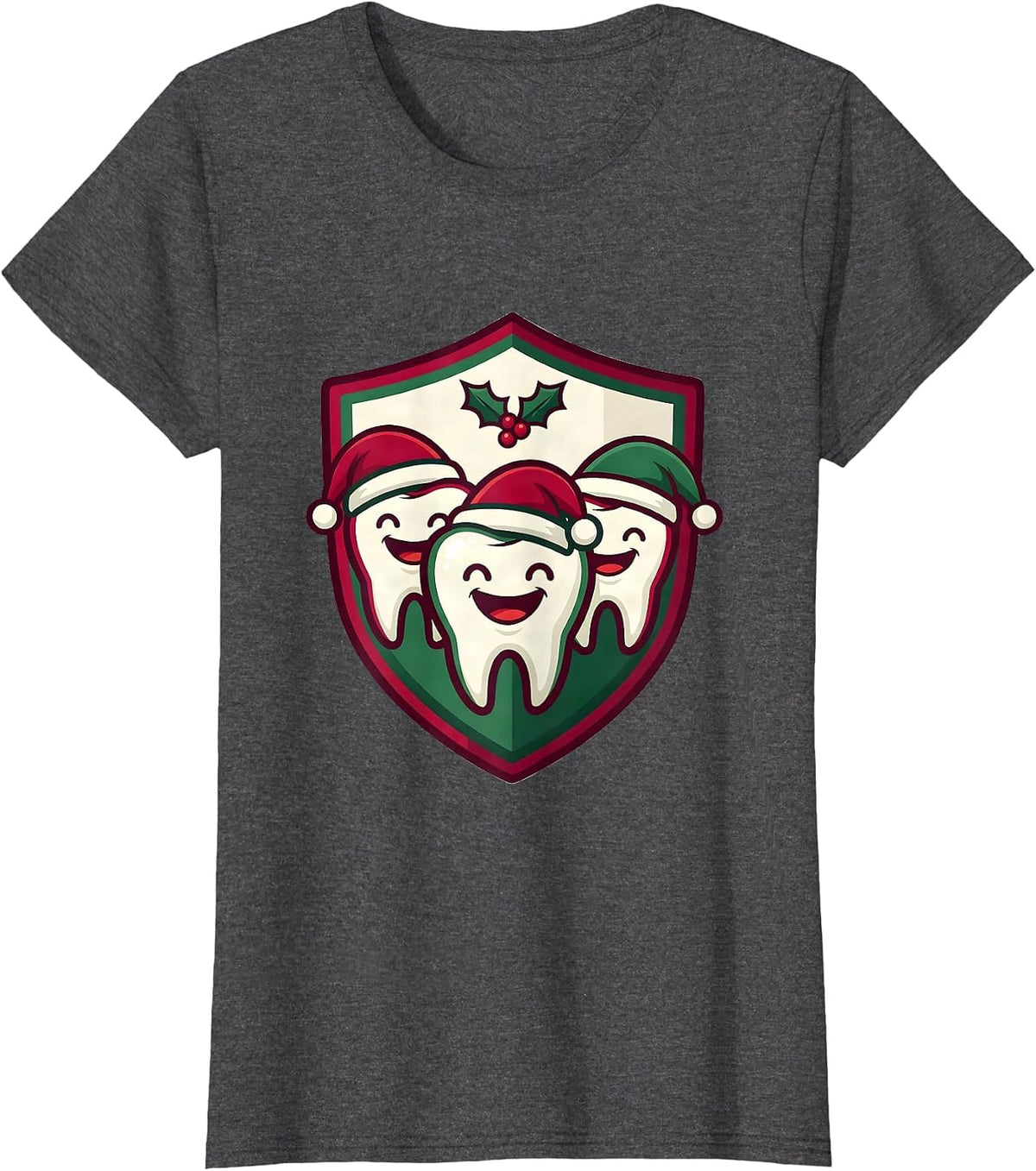 Women's Tooth Mascot Shield Dental Team Christmas Humor T-Shirt - Dark Heather Grey
