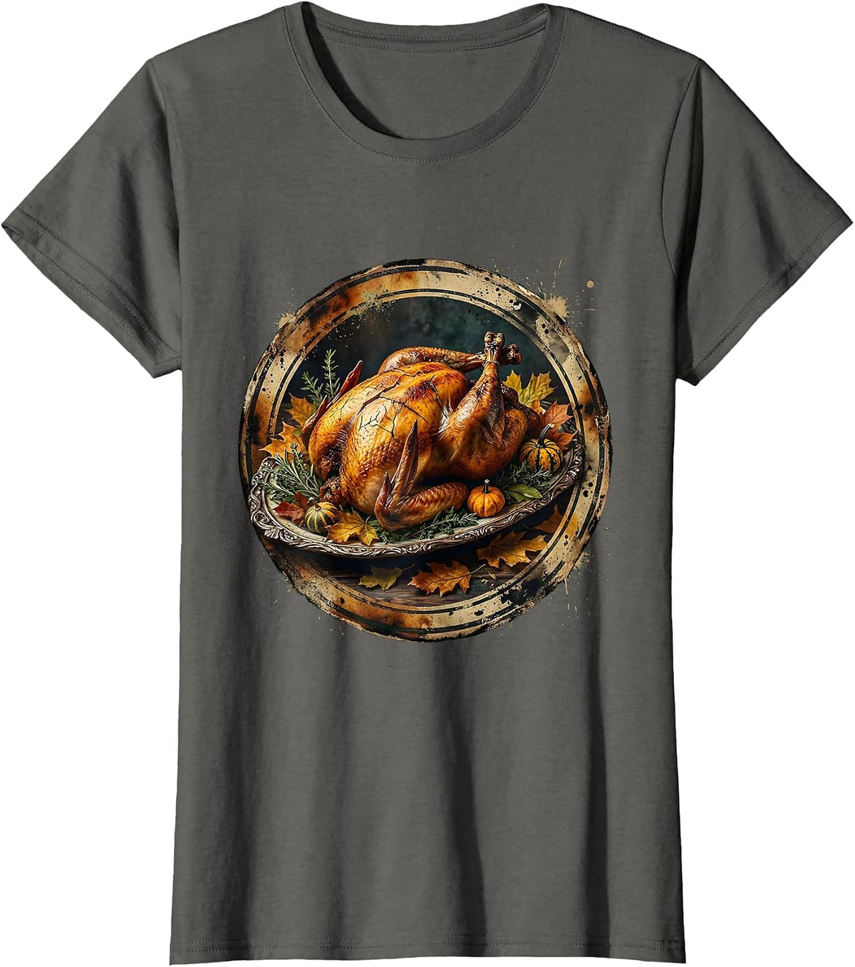 Women's Thanksgiving Roasted Turkey Platter Illustration T-Shirt - Asphalt Grey