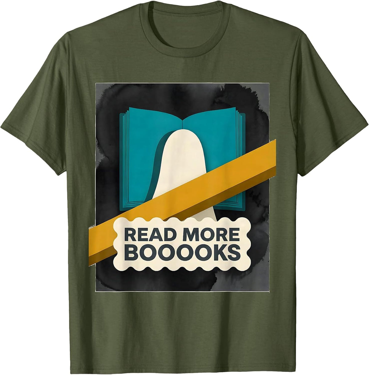 Men's Read More Booooks Midcentury Modern Ghost Book Lover T-Shirt - Olive Green