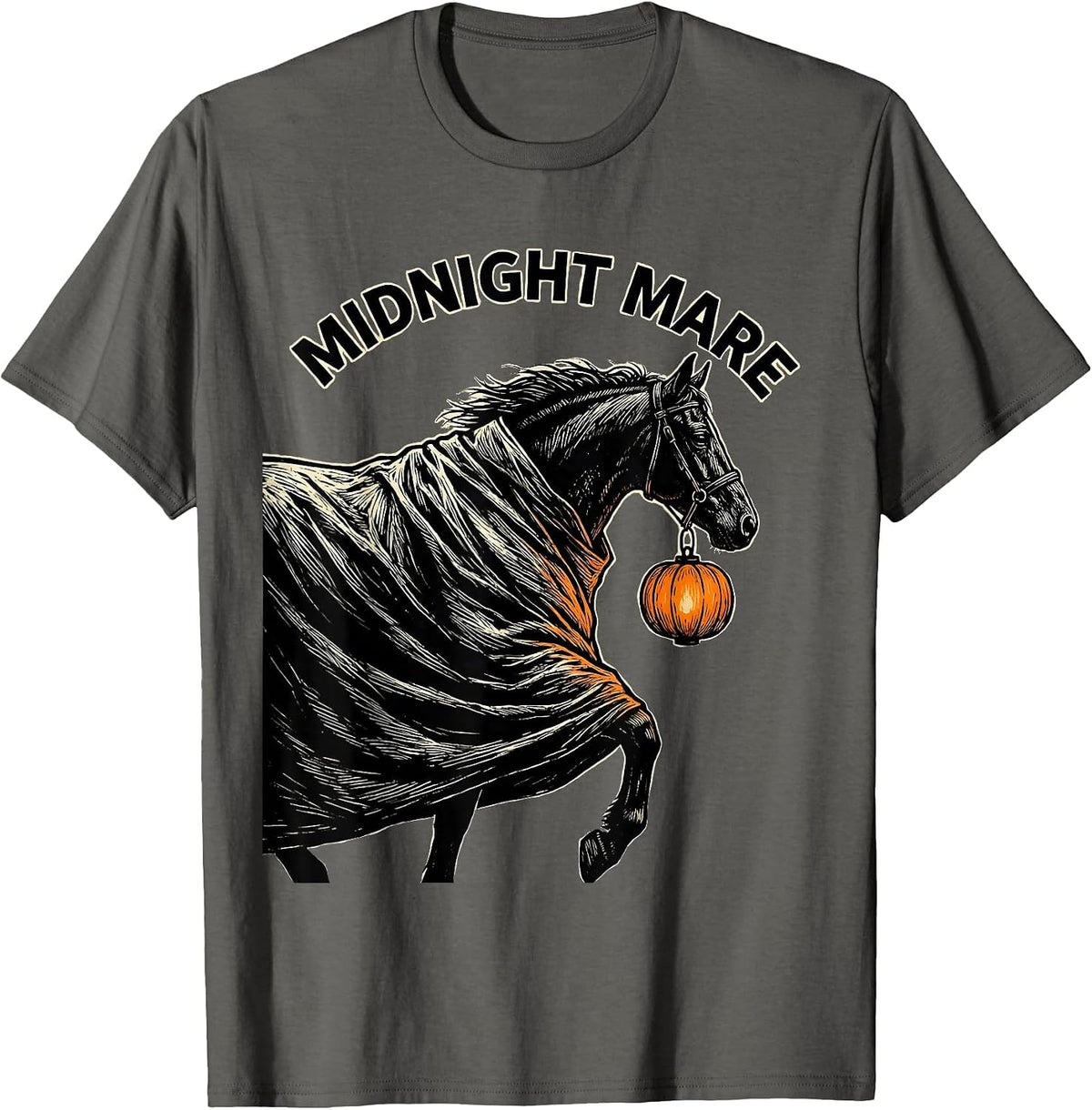 Midnight Mare Linocut Spooky Horse Halloween Equestrian Gift T-Shirt - Asphalt Grey
