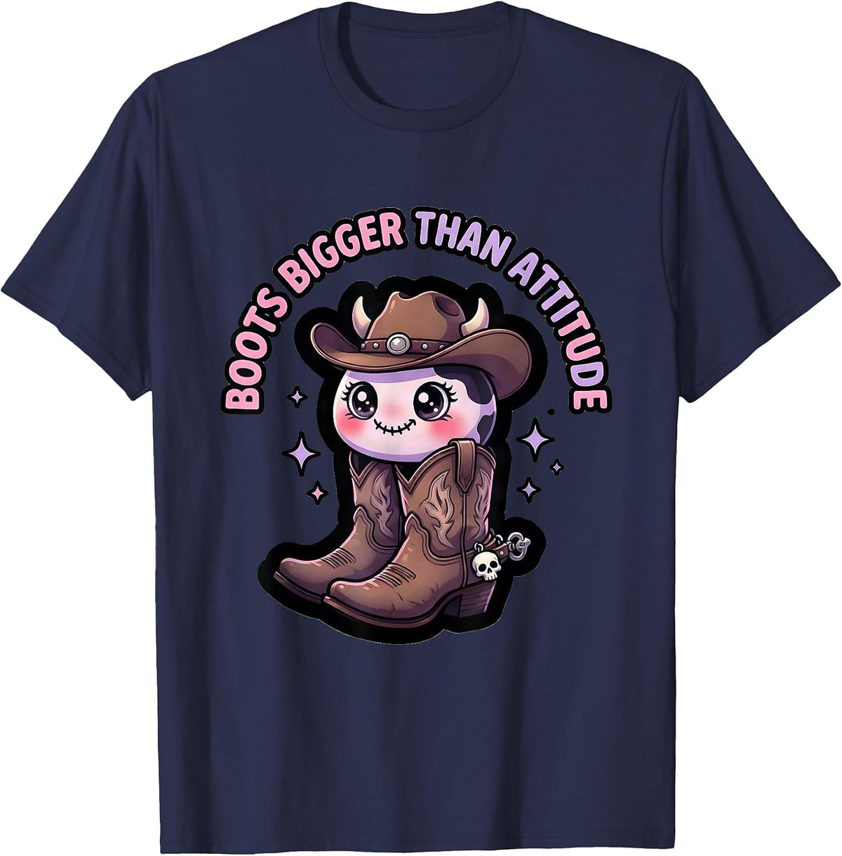 Boots Bigger Than Attitude Cowgirl Design T-Shirt - Navy Blue
