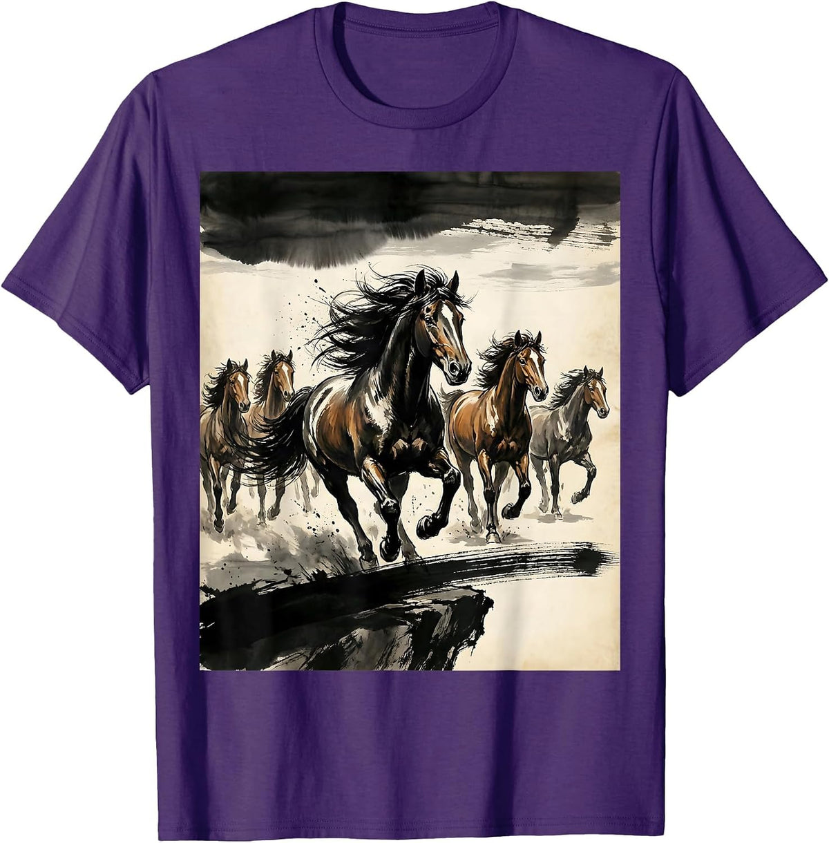 Wild Horses Running Along Cliff Edge at Sunset T-Shirt - Purple