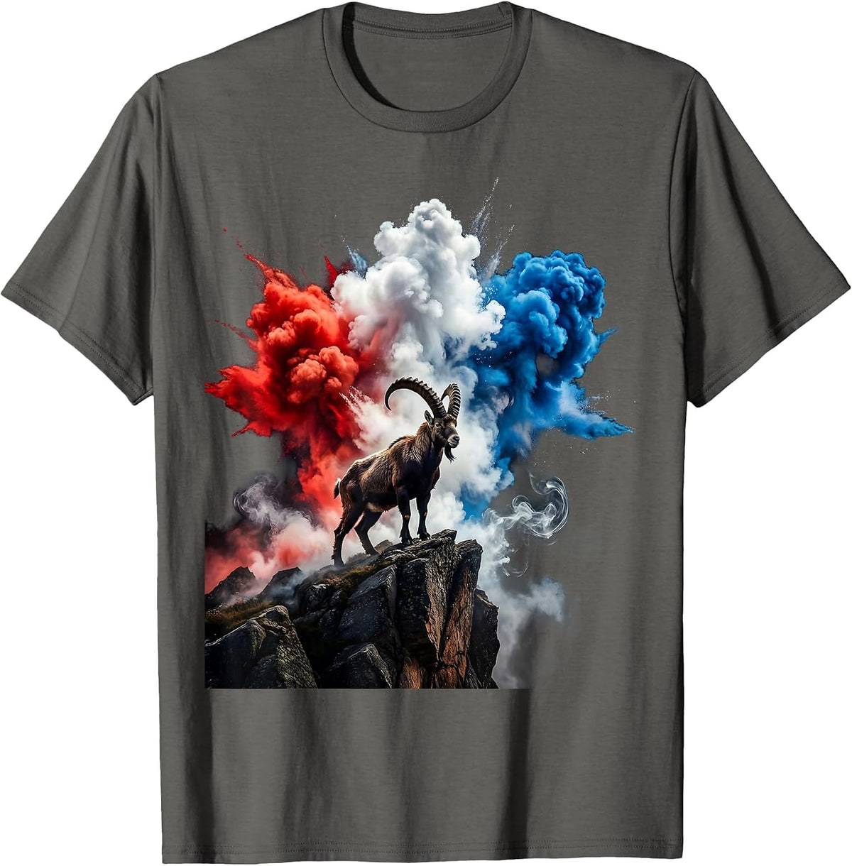 Red White and Blue Mountain Goat Rocky Cliff T-Shirt - Asphalt Grey
